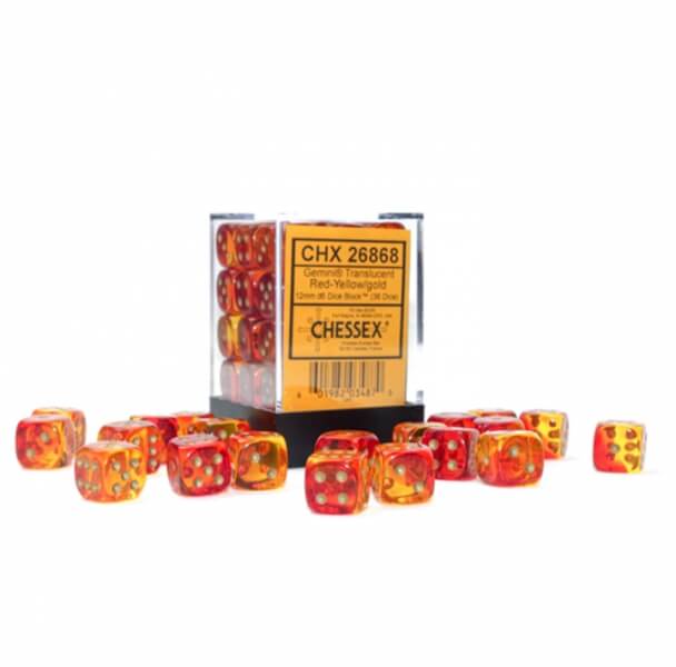 Levně Sada kostek Chessex Gemini 12 mm D6 Transculent Red-Yellow/Gold - 36 ks