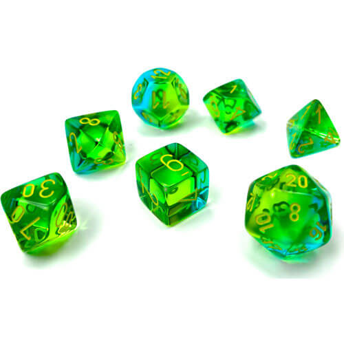 Sada kostek Chessex Gemini Translucent Green-Teal/Yellow Polyhedral 7-Die Set