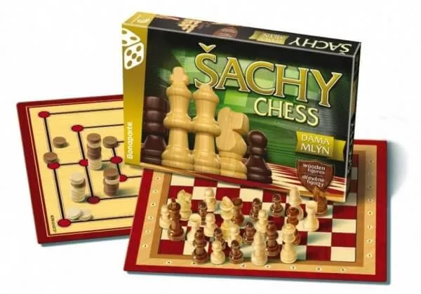 Společenské hry v krabici - Šachy, dáma, mlýn, dřevěné figurky a kameny