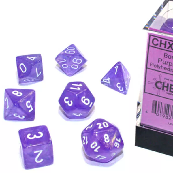Sada kostek Chessex Borealis Polyhedral Purple/White Luminary 7-Die Set